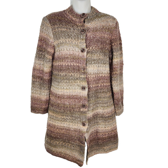 J Jill Alpaca Wool Blend Cardigan Sweater Duster Womens XS PETITE Neutral Stripe - Picture 1 of 11